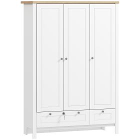 3 Doors Wardrobe Closet with 2 Drawers, Bedroom Armoire with Lockable Drawer, Hanging Rod and Storage Shelves, White