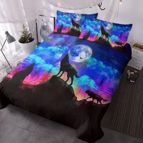 3pcs Starry Sky Moon Night Wolf Pack Bedroom Printed Beddings For Four Seasons Use (Option: King-Black)